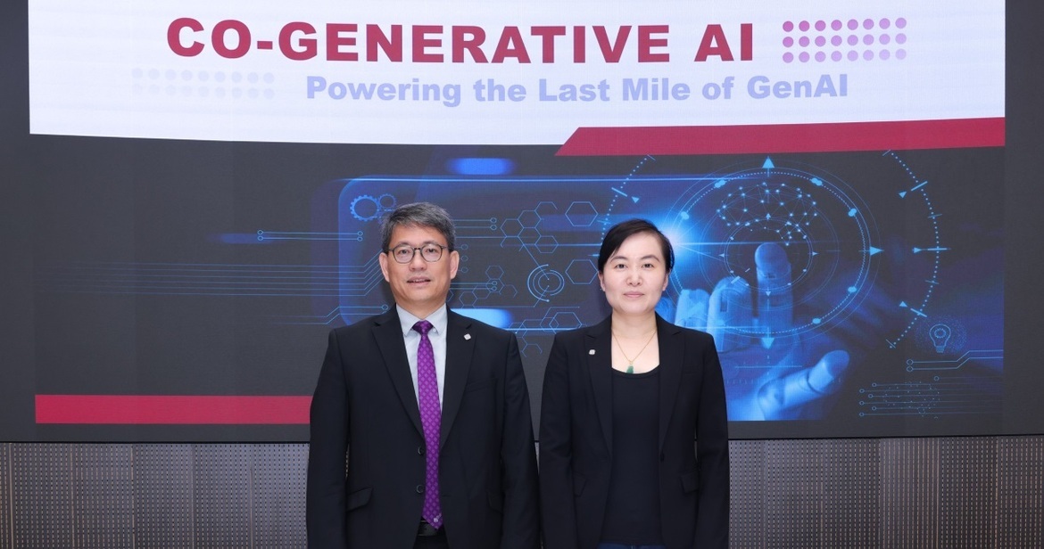 A research team led by Prof. Yang Hongxia, Executive Director of the PolyU Academy for Artificial Intelligence (PAAI), Associate Dean (Global Engagement) of the Faculty of Computer and Mathematical Sciences, and Professor of the Department of Computing (right), has achieved several milestones in Generative AI (GenAI) research. Prof. Christopher Chao, Senior Vice President (Research and Innovation) of PolyU (left) and Prof. Yang attended the press briefing to announce these breakthroughs.